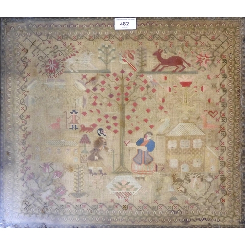 482 - An early-Victorian needlework sampler, dated 1844, depicting two figures beneath a tree, flanked by ... 