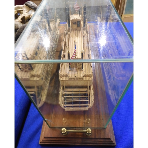 491 - A handmade wooden model of the American paddle steamer King of the Mississippi, housed within a... 