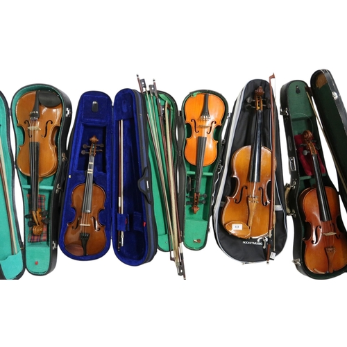 333 - A collection of five violins, bows and cases. Consisting of three Skylarks, one Stringers of Edinbur... 