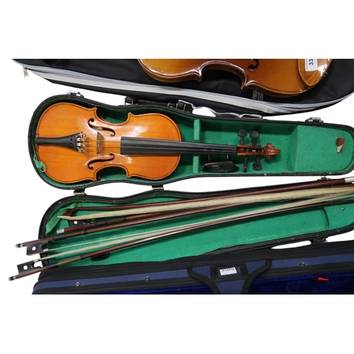 333 - A collection of five violins, bows and cases. Consisting of three Skylarks, one Stringers of Edinbur... 