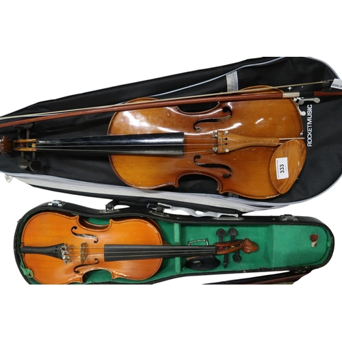 333 - A collection of five violins, bows and cases. Consisting of three Skylarks, one Stringers of Edinbur... 