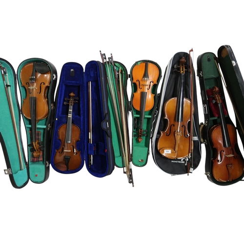 333 - A collection of five violins, bows and cases. Consisting of three Skylarks, one Stringers of Edinbur... 