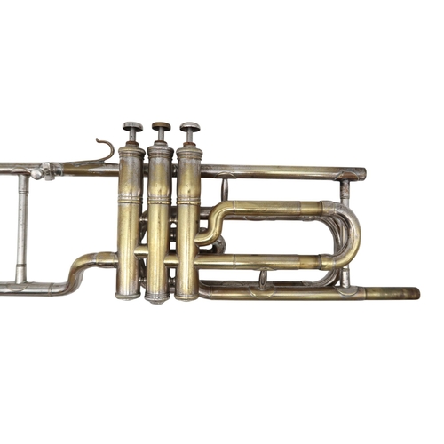 340 - A Union Artistique trombone, no.2150, possibly Swiss, in silver plate, with a soft carry bag. Also a... 