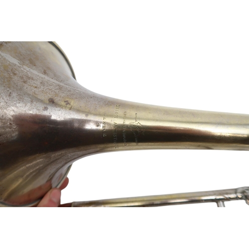 340 - A Union Artistique trombone, no.2150, possibly Swiss, in silver plate, with a soft carry bag. Also a... 