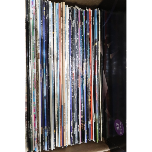 350J - VINYL RECORDS a good box of classic rock LP records with Foreigner, The Rascals, Boston, Emitt Rhode... 