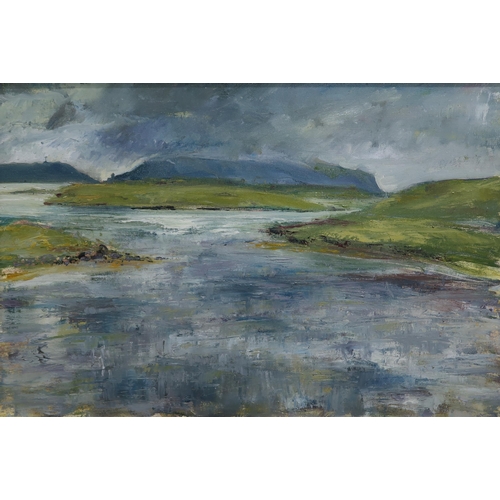 1002 - ELIZABETH STRONG (CONTEMPORARY SCHOOL) LOW CLOUD OVER RHUM Oil on canvas, 50 x 75cm T... 