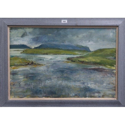 1002 - ELIZABETH STRONG (CONTEMPORARY SCHOOL) LOW CLOUD OVER RHUM Oil on canvas, 50 x 75cm T... 