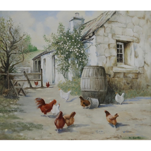 1010 - SCOTTISH SCHOOL CHICKENS STROLLING AROUND THE FARM Oil on canvas, signed 'W.Burton', 30 x ... 