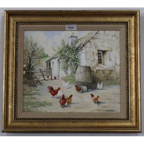 1010 - SCOTTISH SCHOOL CHICKENS STROLLING AROUND THE FARM Oil on canvas, signed 'W.Burton', 30 x ... 