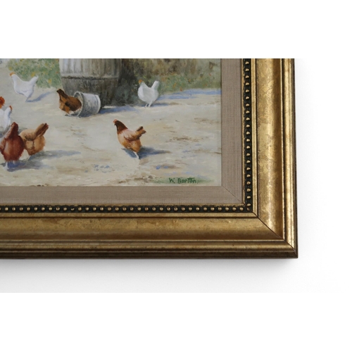 1010 - SCOTTISH SCHOOL CHICKENS STROLLING AROUND THE FARM Oil on canvas, signed 'W.Burton', 30 x ... 