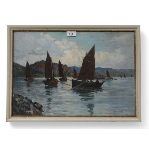 913 - DAVID MARTIN (SCOTTISH FL. 1887–1935) HERRING BOATS  Oil on board, signed lower right, 35 x 50cm... 