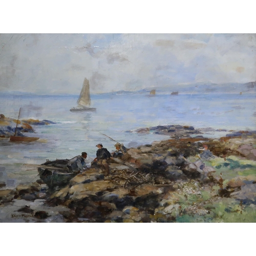 954 - IN THE STYLE OF DAVID FULTON RSW (SCOTTISH 1848-1930) FISHERMAN BY THE SHORE Oil on canvas, signed l... 