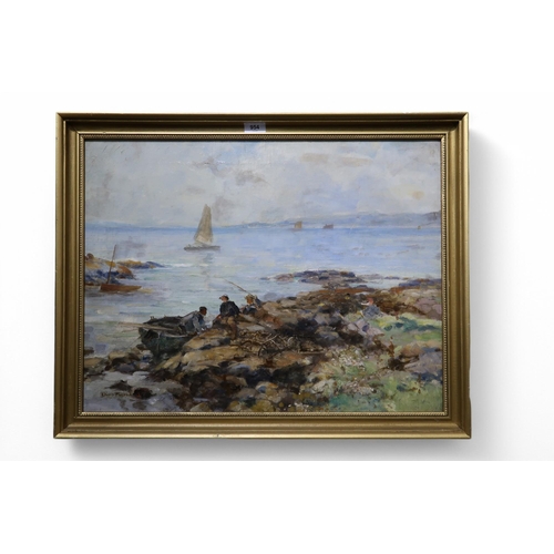 954 - IN THE STYLE OF DAVID FULTON RSW (SCOTTISH 1848-1930) FISHERMAN BY THE SHORE Oil on canvas, signed l... 