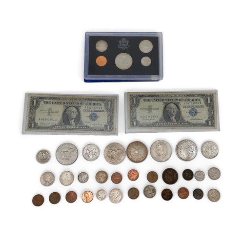 328 - United States  (1776-date) a lot to include Morgan Dollars 1881 and 1921, One Cent 1844, 1983 p... 