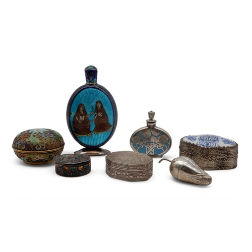 An Indian silver enamel perfume flask, decorated with two ladies, with further floral decoration, marked to base, 11.5cm, a small silver-cased scent bottle, with a matched stopper, a chinese cloisonne circular box and cover, a white metal box inset with a blue and white porcelain plaque, a Cambodian silver betel box, another silver and enamel snuff box and another octagonal example (7)