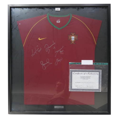 512 - A 2006-08 Portugal Home shirt, signed by Ronaldo, Figo, Deco, Eusebio and Simao; framed under glass,... 