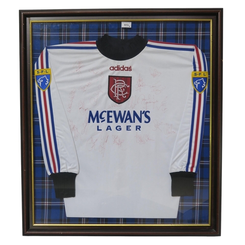 513 - Glasgow Rangers F.C.A 1996-98 Glasgow Rangers F.C. goalkeeper's shirt, bearing team signatures, fram... 
