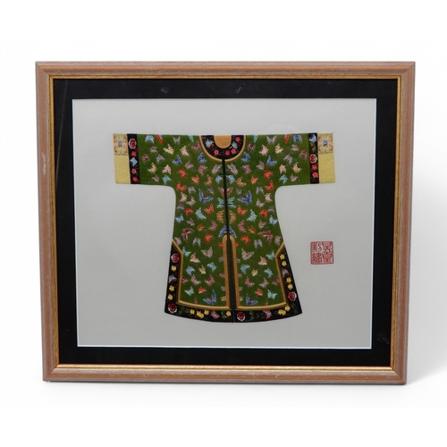 149 - A framed silk work picture of a Chinese robe, two smaller similar examples and a further silk work d... 