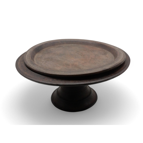 158 - A large Fijian Kava hardwood bowl on legs, together with a softwood dish on stand and a tray