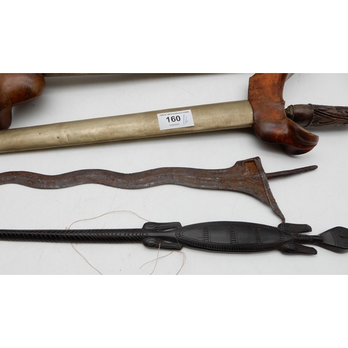 160 - Two Kris/ Keris daggers, a single blade, a pipe and other items