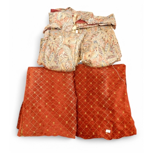 245 - A pair of claret plush fabric curtains, 209cm drop x 390cm wide together with a pair of Montgomery l... 