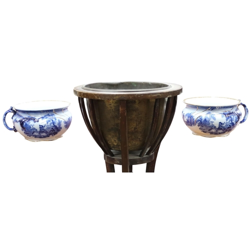 52 - A lot comprising a 19th century mahogany and brass lined jardiniere, 97cm high and a pair of Watteau... 