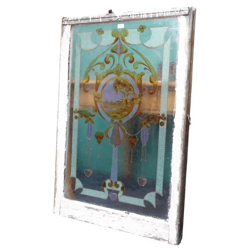3A - An early 20th century Art Nouveau style sash window with over painted stained floated glass window p... 