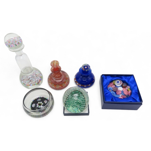 2232 - A GROUP OF MILLEFIORI PIECES&nbsp;including a scent bottle, dated 1832, two other scent bottles, ass... 