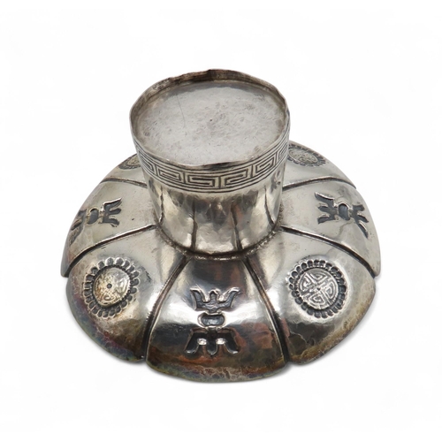 286 - A Sino-Tibetan silver cup stand, of lobed form, with alternating panels of shou characters, 11.5cm d... 