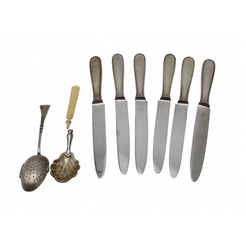 297 - A set of six Swiss 800 standard silver stainless steel knives, Inox, an 800 standard silver infuser ... 