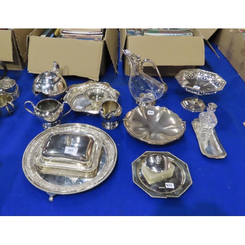 305 - A collection of EPNS including a novelty decanter modelled as a bird, swing-handled baskets, a three... 