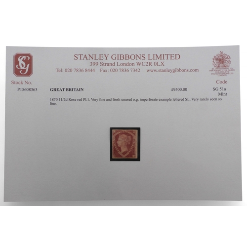7105A - GREAT BRITAIN 1870 1½d rose red unused sg51A, very fine and fresh with original gum, imperforate exa... 