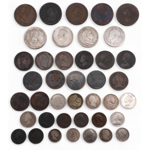 342 - George II (1727-1760) a lot comprising ½ pence coins, a six pence coin, a replica Charles III coin e... 