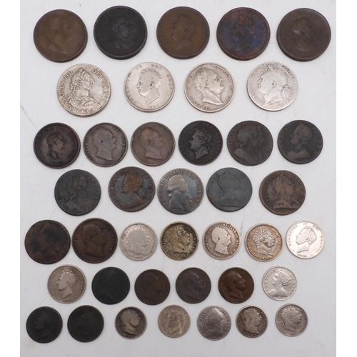 342 - George II (1727-1760) a lot comprising ½ pence coins, a six pence coin, a replica Charles III coin e... 