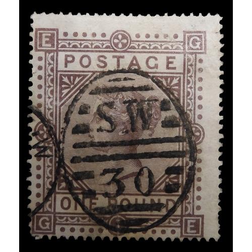 GREAT BRITAIN sg129 £1 brown lilac plate 1 centred low left with SW 30 cancel, it has an ironed out vertical crease not visible on front