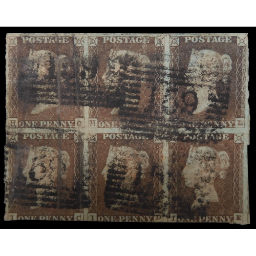 GREAT BRITAIN  sg8 1d red brown in block of 6 with Glasgow 159 cancel