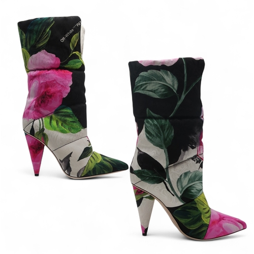 6026 - A pair of Jimmy Choo Off-White Sara 100 padded floral high heel boots, size 39.5, with bag and box