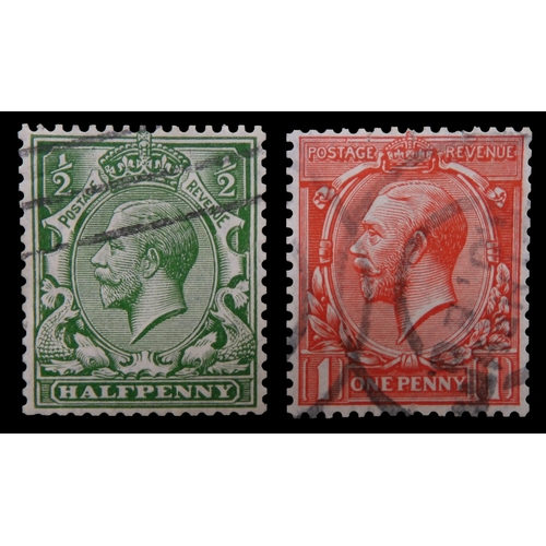 7057 - GREAT BRITAIN George V 1913 &frac12;d green sg397 and 1d red sg398, royal cipher watermark, from coi... 