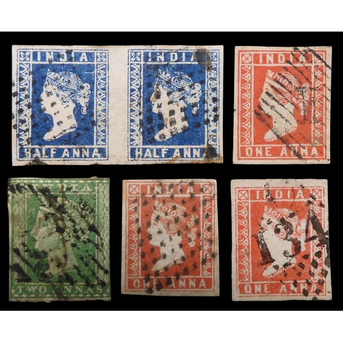 7142 - INDIA 1854 sg4 ½ ANNA deep blue a very fine 4 margin pair, 1 ANNA x 3 all 4 margins and all dies 2 A... 