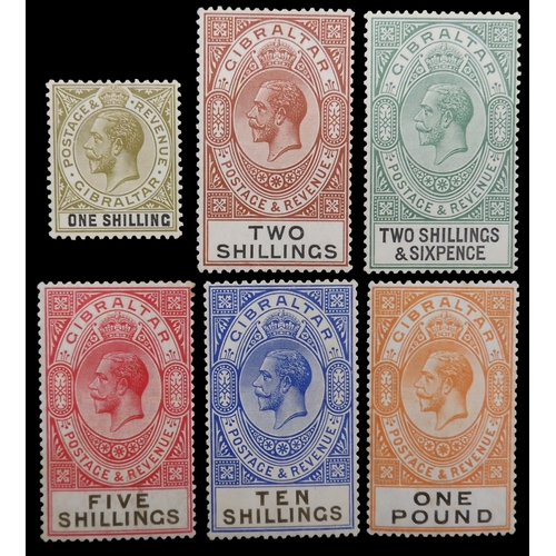 7156 - GIBRALTAR George V 1925 set 1/- to £1 sg102 to sg107 mint, note 5/- with horizontal crease, £1 extra... 