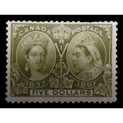 7174 - CANADA 1897 $5 olive-green $5 jubilee issue mint with large hinge remainder and a couple of short pe... 
