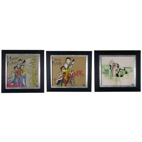 2595 - SEX PISTOLS INTERESTThree Steve Prescot original signed illustrations, two depicting the Sex Pistols... 