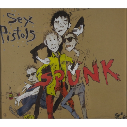 2595 - SEX PISTOLS INTERESTThree Steve Prescot original signed illustrations, two depicting the Sex Pistols... 
