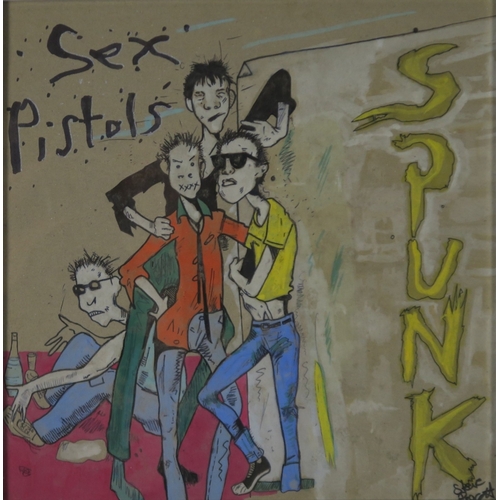 2595 - SEX PISTOLS INTERESTThree Steve Prescot original signed illustrations, two depicting the Sex Pistols... 