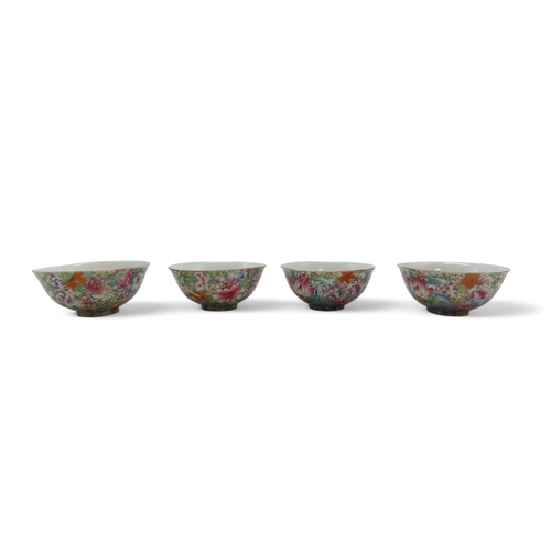 2250 - FOUR MILLIE FLEUR RICE BOWLS Each painted with a dense pattern of flowers, six character marks, 12.5... 