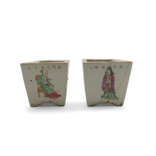 2251 - A PAIR OF CANTON RECTANGULAR FLOWER PLANTERS Each painted with officials beside panels of calligraph... 