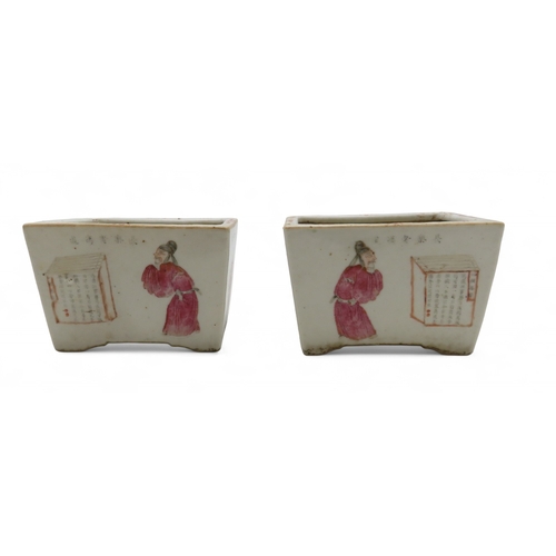 2251 - A PAIR OF CANTON RECTANGULAR FLOWER PLANTERS Each painted with officials beside panels of calligraph... 