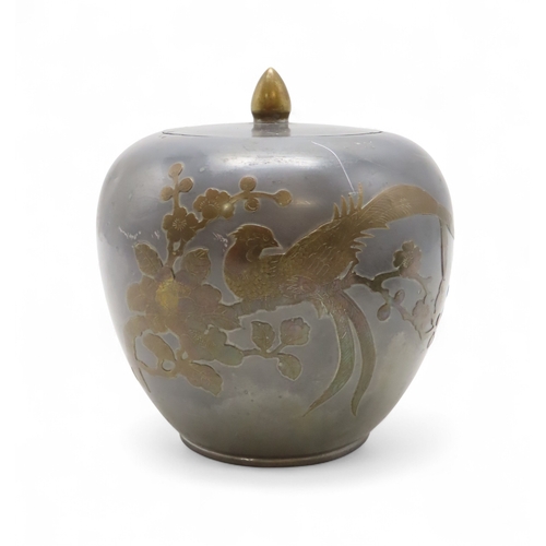 2280 - A CHINESE PEWTER GINGER JARDecorated with brass in relief with birds, 18cm high and with Zitan carve... 