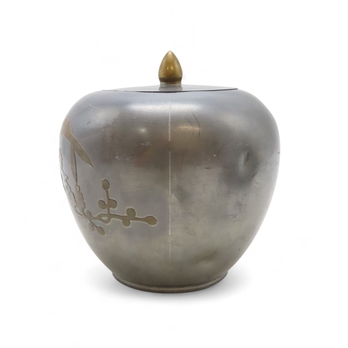 2280 - A CHINESE PEWTER GINGER JARDecorated with brass in relief with birds, 18cm high and with Zitan carve... 