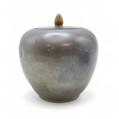 2280 - A CHINESE PEWTER GINGER JARDecorated with brass in relief with birds, 18cm high and with Zitan carve... 